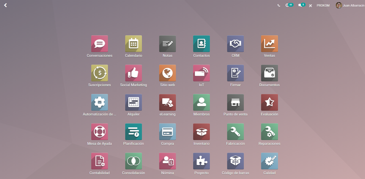 ERP system main menu — business apps including accounting and finance